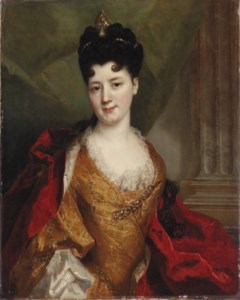 Portrait of a lady, said to be a member of the De Gagne de Pérrigny family, three-quarter-length, in an embroidered gold dress with a red mantle and a tiara