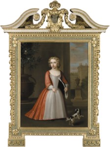 Portrait of Mawdistly Best (d. 1795) of Chilston Park, Kent, as a boy, full-length, wearing a red dress with a white apron and holding a hat, his spaniel at his feet, with buildings beyond