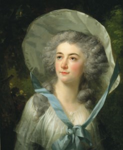 Portrait of Henrietta Cozens (1767-1829), bust-length, in a white dress and a white hat tied with a blue ribbon