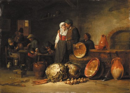 A couple standing by pots and pans in a stable, boors smoking and drinking at tables beyond