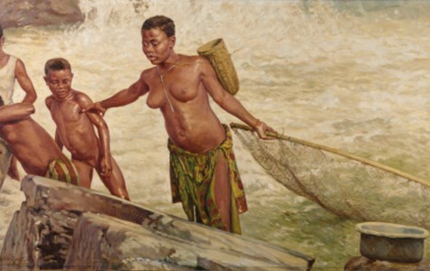 Wagenia woman and children in a river