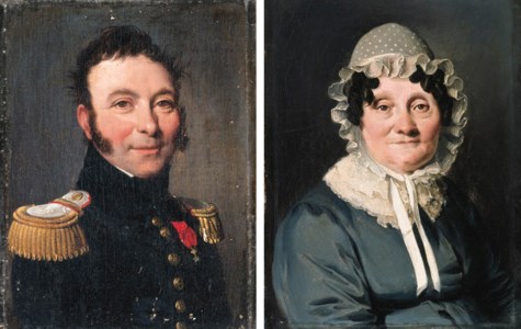 Portraits of Colonel Amable Pelée, Capitaine des Gardes, and his wife, Apolline (née Fauconnier), small bust-length; he in the uniform of the Legion of Honor and wearing the medal of Saint Helen, she in a blue dress and a white bonnet