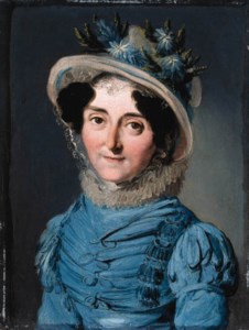 Portrait of a lady, small bust-length, in a blue dress and a hat decorated with flowers