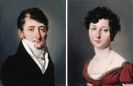 Portraits of a gentleman and a lady, small bust-length; he in a black jacket, she in a red dress