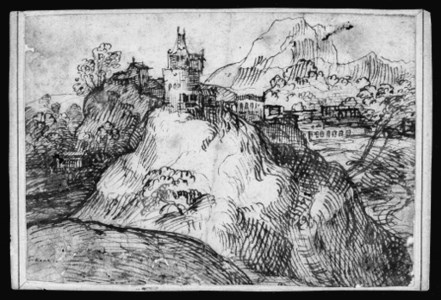 An extensive landscape with a town on a hill