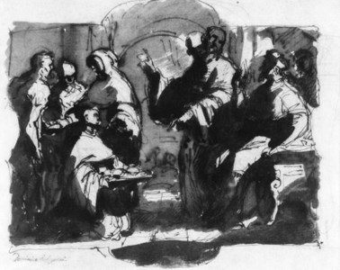 A monk kneeling with a plate before a seated bishop, with attendants