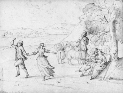 Shepherds dancing by the flute in an extensive landscape