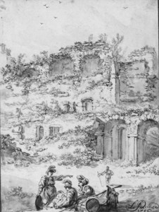 The ruins of a palace with Roman soldiers in the foreground