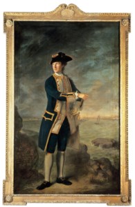 Portrait of Captain the Hon. Robert Boyle Walsingham, M.P. (1736-1780), full-length, in naval uniform, with a view of Louisbourg, Canada, beyond