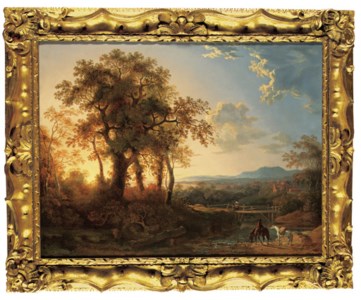 An extensive wooded river landscape, with a traveller on horseback, a mule and dog in the foreground and cottages beyond