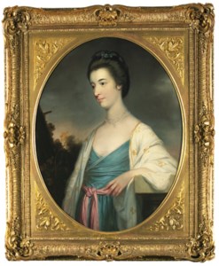 Portrait of Mary Aubrey of Rathcoffey, Co. Kildare, three-quarter-length, in a blue dress and white embroidered wrap, her left arm resting on a stone plinth, in a landscape