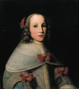 Portrait of Elisabeth Pruys van Oswaert (?-1683), half length, wearing a light blue brocade dress with lace collar and red bows, pearl neckless and earrings