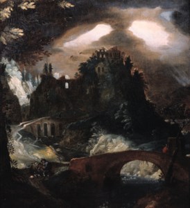 A fantasy landscape with thunderstorm at night
