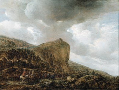 Travellers on a path by a cliff in a landscape