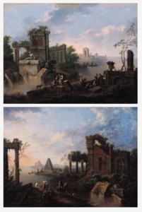 Mediterranean coastal landscapes with peasants and travellers by classical ruins