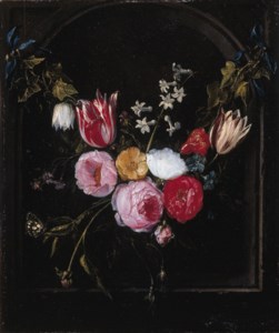 A swag of roses, tulips, an anemone and other flowers with a butterfly at a feigned stone niche