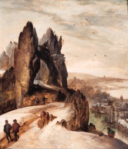 Peasants on a track in a mountainous winter landscape