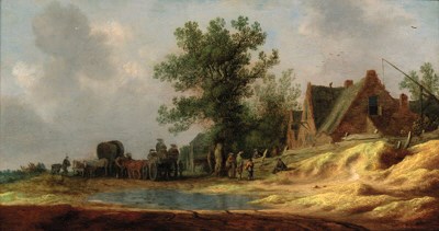 Travellers on a flooded path in a landscape, an inn beyond