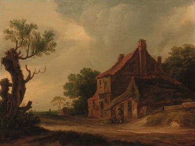 A roadside inn in a wooded landscape