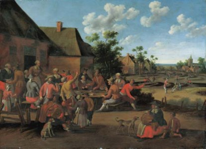 Peasants feasting outside an inn in a village