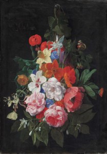 A swag of roses and other flowers hanging from a nail