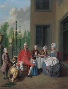 Group portrait of the van den Bosch family, dining by a house, a topiary garden beyond