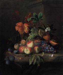 Peaches, grapes, a melon, orange blossom with an orange, plums, a butterfly and a snail, on a marble table