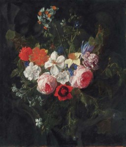 A swag of roses, carnations, narcissi, harebells, thistles, a poppy, a daffodil, a crocus, and other flowers hanging before a stone cartouche