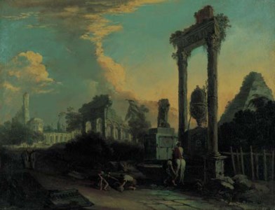A traveller and peasants by a fountain amongst Roman ruins