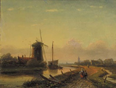 A summer landscape with villagers along a canal at dusk