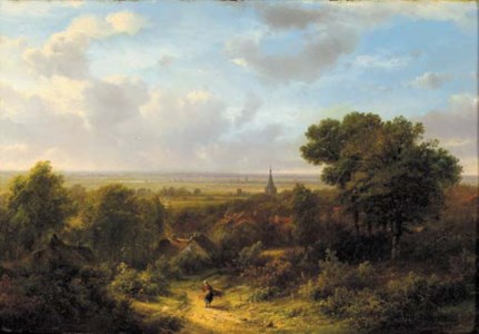 Panoramic summer landscape with a woodgatherer on a sandy track