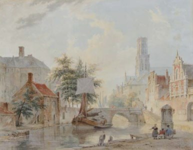 A view in Deventer (?) with a moored barge on a canal