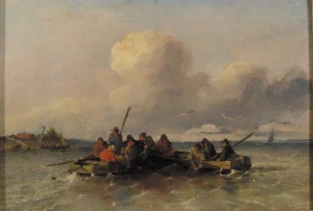 Sailors in rowing boats in a breeze