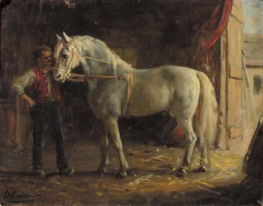 A groom tending a circus-horse
