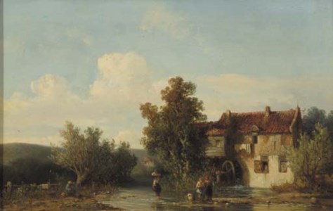 A summer landscape with villagers in a stream by a watermill