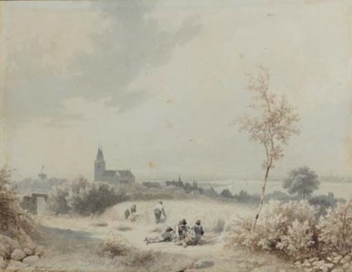 A view of Cleves with farmers reaping corn in the foreground