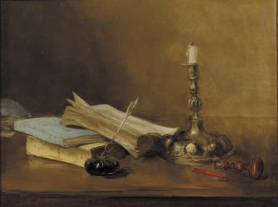 Still life with books, an inkpot and a laquer stamp