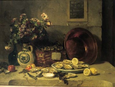 A still life with oysters, lemmons and chrysantemums in a vase