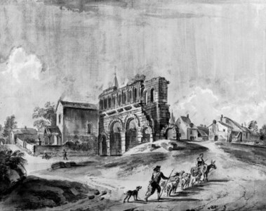 The ruins of a Roman gate outside a village with peasants and their flocks