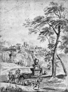 An extensive Italianate landscape with shepherds by a classical monument