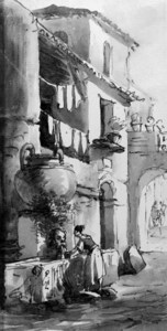 An Italian street with a woman washing clothes at a fountain