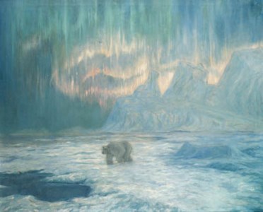 Curtain Aurora Borealis with a Polar Bear, Bowdoin Bay, Greenland