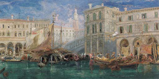 The orange market, with the Rialto Bridge beyond, Venice