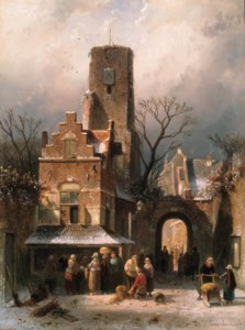 A busy market place in winter