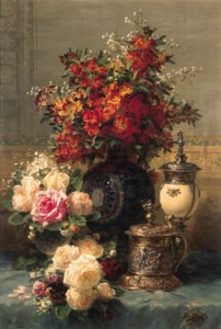 Roses, anenomes and peonies, strawberries, a silver-gilt ostrich egg cup and a German gold-gilt tankard on a draped table