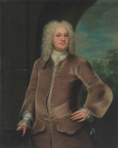 Portrait of Miles Branthwayt (d.1751), three-quarter-length, in a brown coat and waistcoat, holding a hat, a landscape beyond