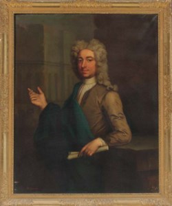 Portrait of the architect John Buxton, three-quarter-length, in a brown coat and blue cloak, holding a scroll, pointing to a building, resting his arm on a plinth