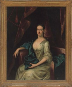 Portrait of Rebecca Branthwayt (d.1740), née Newton, seated three-quarter-length, in a white satin dress and blue wrap, in a draped interior