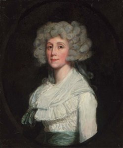 Portrait of a lady, half-length, in a white dress and green sash, feigned oval