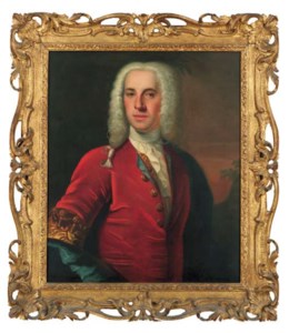 Portrait of a gentleman, half-length, in a red coat with gold embroidered cuffs and blue wrap, in a landscape